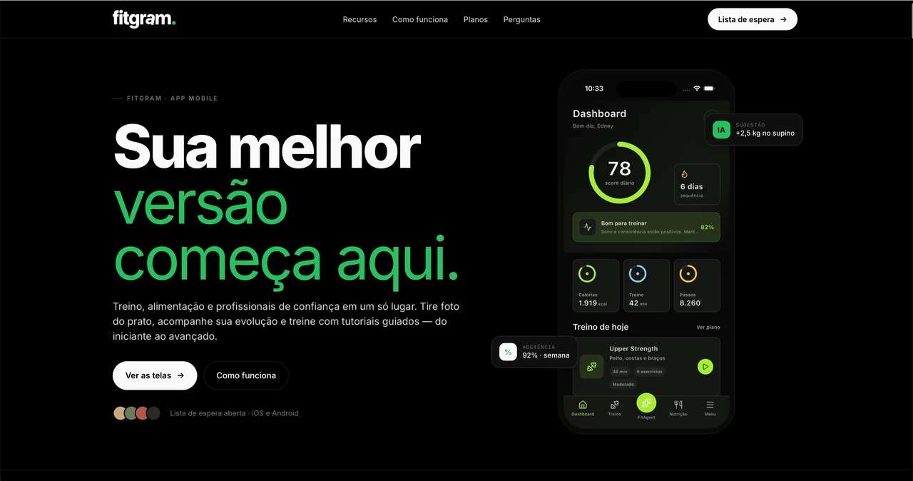 Página de apresentação do Fitgram com a interface ilustrada do aplicativo